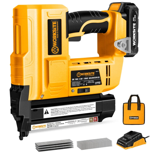 WORKSITE 2-In-1 Brad Nailer Stapler 18 Gauge Battery Powered Portable Nail Gun Compatible with 3/4 WORKSITE 2-In-1 Brad Nailer Stapler 18 Gauge Battery Powered Portable Nail Gun Compatible with 3/4